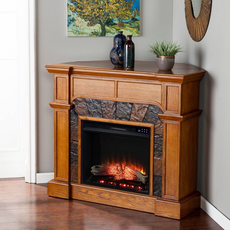 Rosnor Corner Convertible Touch Panel Electric Fireplace with Faux Stone Surround Mission Oak - Aiden Lane, 4 of 9