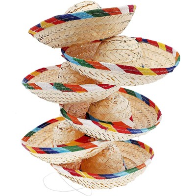 6 Pack Mini Mexican-Style Straw Sombrero Fiesta Party Hats for Cinco De Mayo Party Supplies, 3 X 8 inches