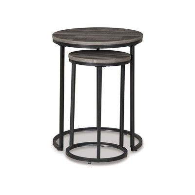 Gray and Black Round Wood Metal Nesting Tables, Set of 2