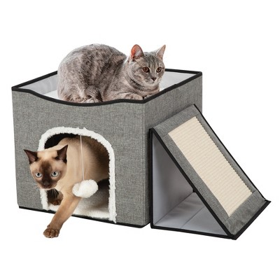 Gray Foldaway Cat Condo with Cushioned Platform and Scratching Post