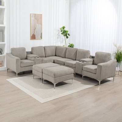 Aortzio Corduroy 95.7"W Section Sofa Combination,7 Seats,With Ottoman,Can Be Combined At Will