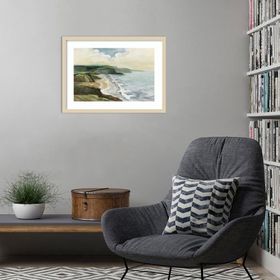Serene Coastal Landscape Lithograph in Wood Frame, 25 x 19