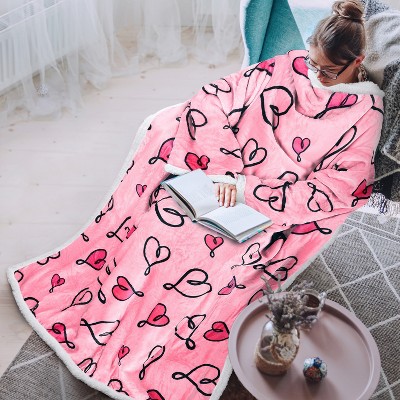Tirrinia Womens Mens Faux Shearling Wearable Blanket With Sleeves, Full Body Throw Reading Wrap TV Blankets, Snuggle Gift for Valentine’s Day