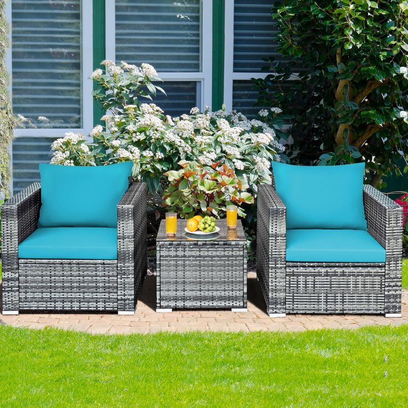 Tangkula 3PCS Rattan Patio Conversation Furniture Set Outdoor Yard w/ Turquoise Cushion, 4 of 11