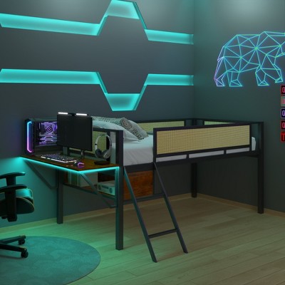 KTMBDW Low Loft Bed Twin/Full Size with Desk Gaming, Metal Loft Bed with LED and Storage Space, Safety Guard and Ladder, No Box Spring Needed