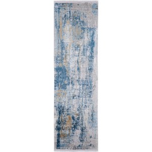 Blue Gold and Gray Abstract Power Loom Area Rug With Fringe - 1 of 3