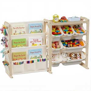 Solid Wood Toy Organizer and Bookshelf 2-in-1, Natural Pine Kids Storage Shelf with 7 Bins, Side Pockets and 4-Tier Book Rack for Playroom or Nursery - 1 of 1