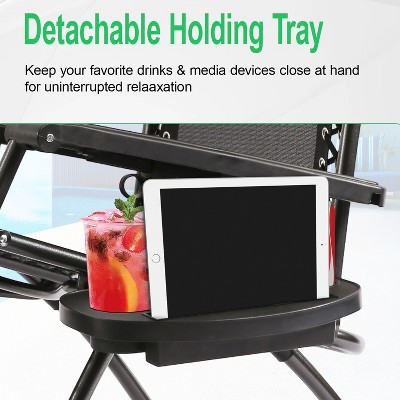 Black Steel Zero Gravity Reclining Outdoor Lounge Chairs with Cup Holder, Set of 2