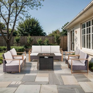 Gymojoy 6/8PCS 50000 BTU Gas Firepit Table with Outdoor 3-Seat Sofa Swivel Chair Ottoman Set - 1 of 4