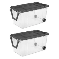 Sterilite 160 Quart Latching Stackable Bedroom Closet Playroom Wheeled Storage Box Container Bin with Gray Lid and Clear Sides