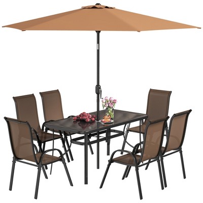 Outsunny 8 Piece Patio Furniture Set with Umbrella, Outdoor Dining Table and Chairs, 6 Chairs, Push Button Tilt and Crank Parasol, Glass Top