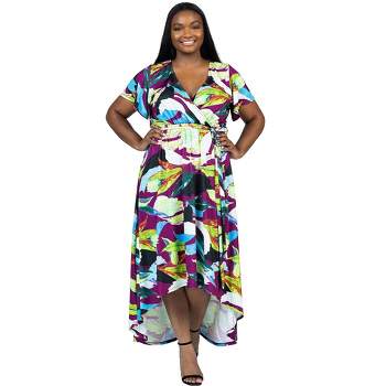 24seven Comfort Apparel Plus Size Colorful Floral V Neck Belted High Low Faux Wrap Dress