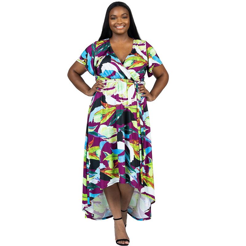 24seven Comfort Apparel Plus Size Colorful Floral V Neck Belted High Low Faux Wrap Dress, 1 of 7