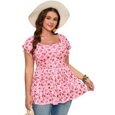 YESFASHION Womens Plus Size Summer Tops Square Neck Ruffle Short Sleeve Casual Tunics Loose Comfy Blouse Shirts