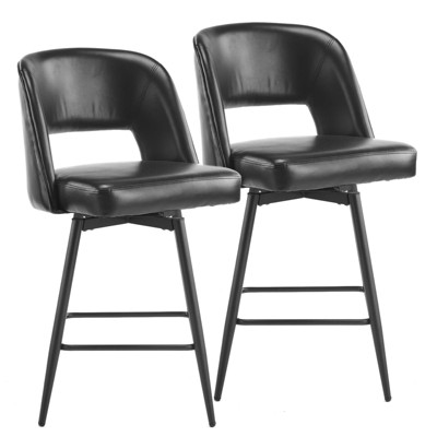 Karl Home Set Of 2 Brown PU Leather Bar Stools With Hollow Backrest, Iron Legs, Swivel