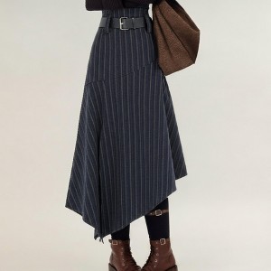 Anna-Kaci Women's Asymmetrical Pinstripe Midi Skirt with High Waist and Tailored Draping - 1 of 4