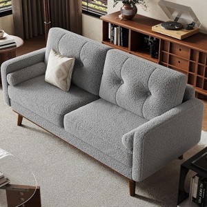 65" Mid Century Modern Loveseat Sofa for Small Spaces, 2 Seater Upholstered Couch with Button Tufted Design & Wood Legs, Grey - 1 of 4