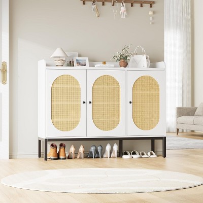 Rattan Shoe Cabinet with 3 Doors, Freestanding Shoe Organizer with Large Storage Space, 8-Tier Shoe Cabinet