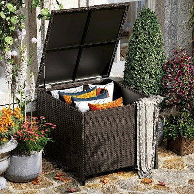 185-Gal Weatherproof Wicker Deck Box with Wheels & Handle, Oversized Outdoor Storage Container for Pool Toys, Garden Tools, Balcony/Patio Use