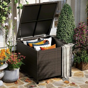 185-Gal Weatherproof Wicker Deck Box with Wheels & Handle, Oversized Outdoor Storage Container for Pool Toys, Garden Tools, Balcony/Patio Use - 1 of 4