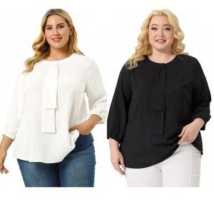 Women's Plus Size 2 Pieces 3/4 Sleeves Round Neck Ruffle Chiffon Work Blouse - Agnes Orinda - 1 of 4