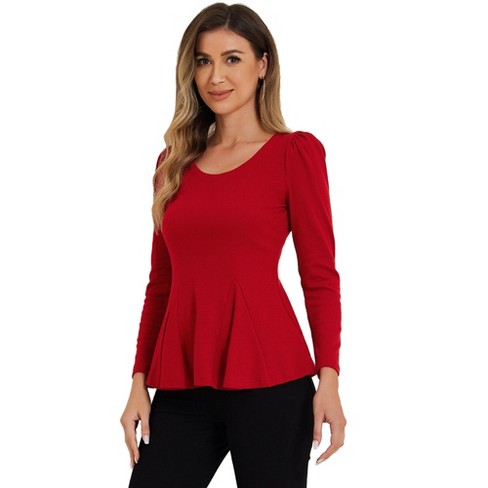 Allegra K Women's Long Sleeve Scoop Neck Casual Peplum Shirt Red Small ...