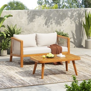 Christopher Knight Home Saelin 2 Piece Modern Outdoor Acacia Wood Conversation Set with Coffee Table and Rope Arm Sofa - 1 of 4