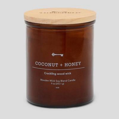 Amber Glass Coconut and Honey Lidded Wooden Wick Jar Candle 9oz - Threshold&#8482;