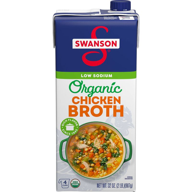 Swanson 100% Natural Gluten Free Organic Low Sodium Free Range Chicken Broth - 32 fl oz, 1 of 15