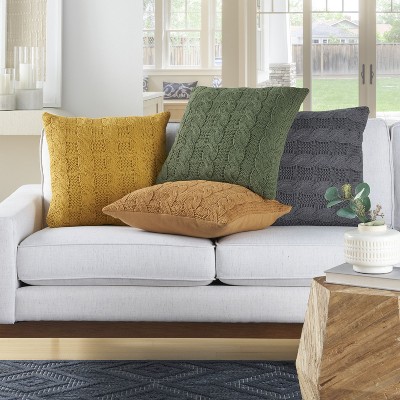Yellow Cotton Knitted 18" Square Throw Pillows Set of 2