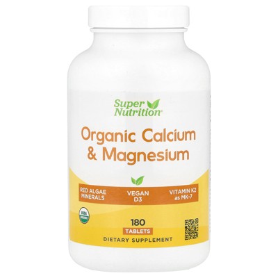 Super Nutrition Organic Calcium & Magnesium Plus D3 & K2, 180 Tablets