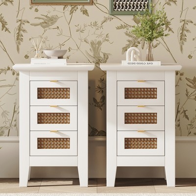 Set of 2 Wooden Nightstands with Rattan-Woven Surfaces and Three Drawers 4A -ModernLuxe