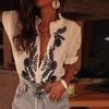 Coolmee Women's Summer Tops Casual Floral Boho V Neck Puff Short Sleeve Button Down Shirts Embroidered Blouses Tunic - 2 of 4