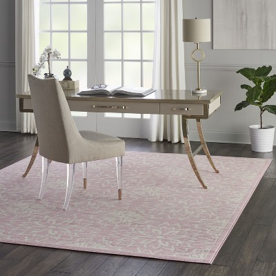 Ivory and Pink Floral Synthetic 8' x 10' Rectangular Rug
