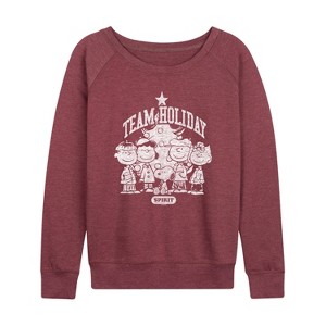 Women's - Peanuts - Group Team Holiday Spirit Lightweight French Terry Wide Neck Long Sleeve Graphic Shirt - 1 of 4