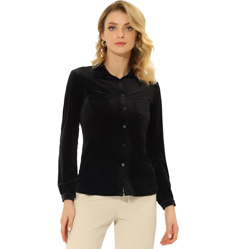 Allegra K Women's Pocket Front Velvet Blouse Long Sleeve Casual Button Down Shirt, 1 of 6