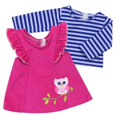 Sophia’s Embroidered Corduroy Jumper and Striped Long-Sleeve Tee for 15” Baby Dolls, Hot Pink/Blue