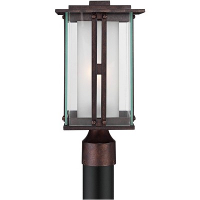 Franklin Iron Works Modern Post Light Fixture Bronze 15 3/4" Clear and Frosted Double Glass Lantern for Garden Yard Driveway