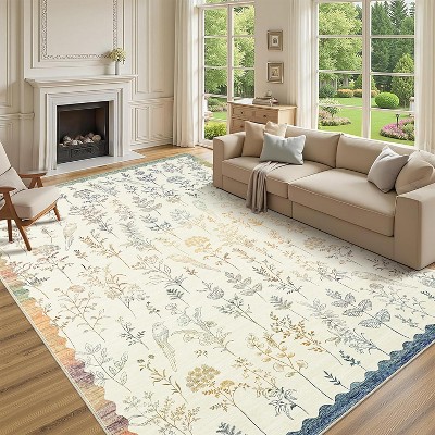 Washable Floral Runner Rug, Non-Slip, Low-Pile, Scalloped Pattern for Kitchen, Hallway, Laundry, Bathroom