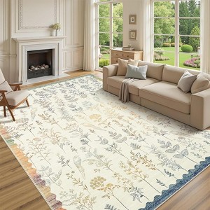 Washable Floral Runner Rug, Non-Slip, Low-Pile, Scalloped Pattern for Kitchen, Hallway, Laundry, Bathroom - 1 of 4