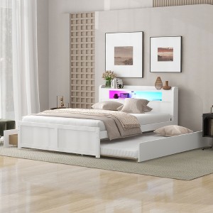 TIRAMISUBEST Queen Size Wood Platform Bed with LED Light, 2 Drawers and 1 Twin Size Trundle, Modern Bed Frame with Storage Headboard - 1 of 4