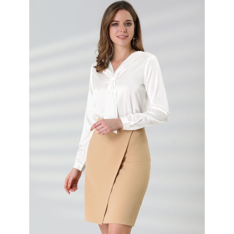 Allegra K Women's Satin Tie Neck Long Sleeve Solid Color Elegant Office Work Shirt Top, 2 of 7