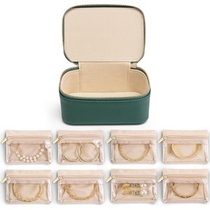 Travel Jewelry Organizer with 6 Clear Velvet Bags, Portable Zipper Pouch Case for Women, Green - 1 of 4