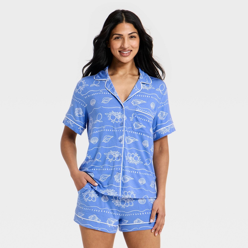 Women's Cloud Knit Short Sleeve Notch Collar Shirt and Shorts Pajama Set - Auden™ Blue Shells L