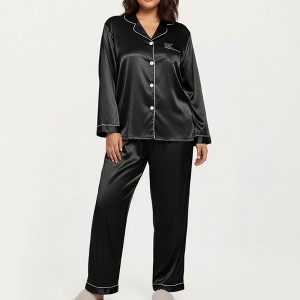 Anna-Kaci Lounge Women's PLus Size 2-Piece Set Satin Button-Up Pajama Top and Relaxed Fit Pants with Contrast Piping Trim - 1 of 4