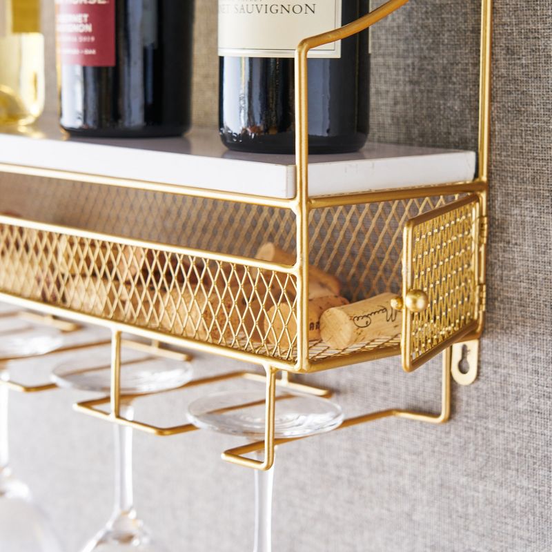 Twine Gold Wall Mounted Wine Rack, Holds 8 Standard Wine Bottles, Wood and Cast Iron, Cork Storage, Holds 5 Wine Glasses, Gold Finish, 3 of 8