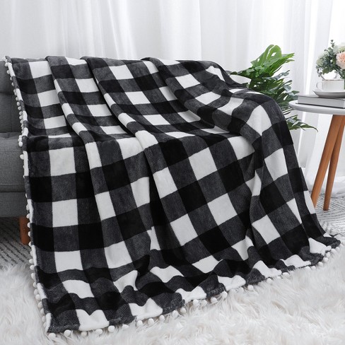 PiccoCasa Buffalo Plaid Flannel with Pom Poms Tartan Checkered Throw Fleece Blanket Black and White 50