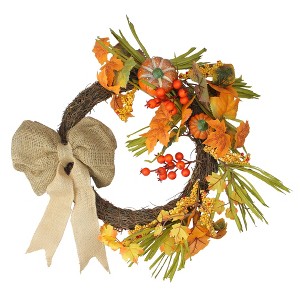 Northlight Orange Pumpkins and Berries with Bow Artificial Wreath - 20-Inch, Unlit - 1 of 4