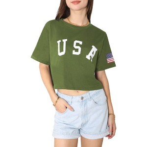 Anna-Kaci Women's Letter Print Crop Top Short Sleeve July 4th USA Flag T-Shirt - 1 of 4