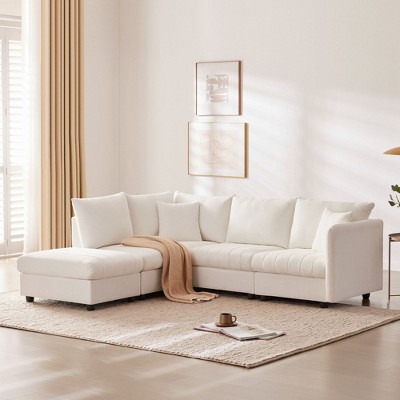 NicBex Couches for Living Room 89" Modern Sectional Sofa L-shaped Luxury Chenille Upholstered Sofa Couch with Convertible Ottoman and 2 pillows, White